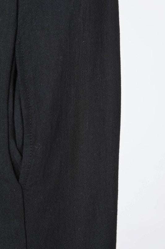 WASHED RAYON SLUB WOVEN |   SLEEVELESS JUMPSUIT WITH V-NECK AND CUFFED HEM | MADE IN USA
