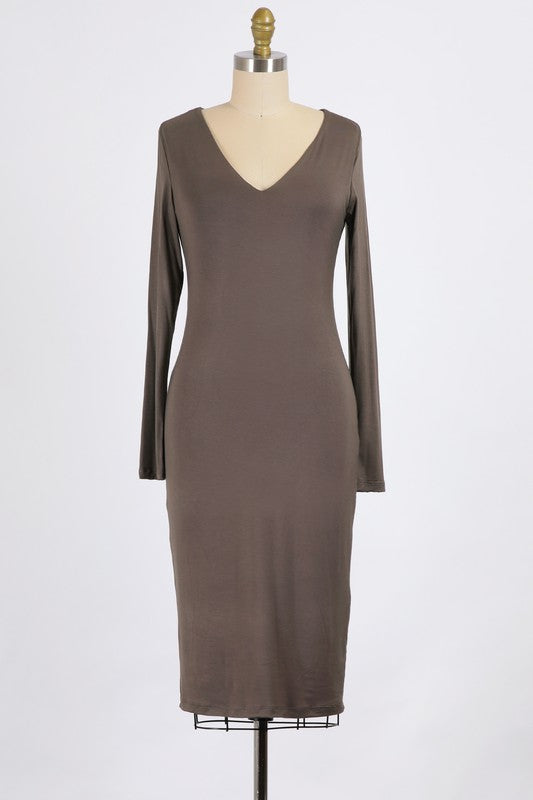RAYON KNIT JERSEY | LONG SLEEVE DOUBLE LAYER V NECK DRESS | MADE IN USA