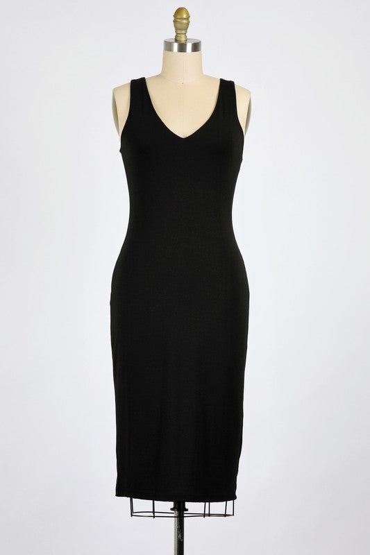 RAYON SPANDEX KNIT JERSEY | MID-LENGTH KNIT FITTED V-NECK SLEEVELESS DRESS | MADE IN USA
