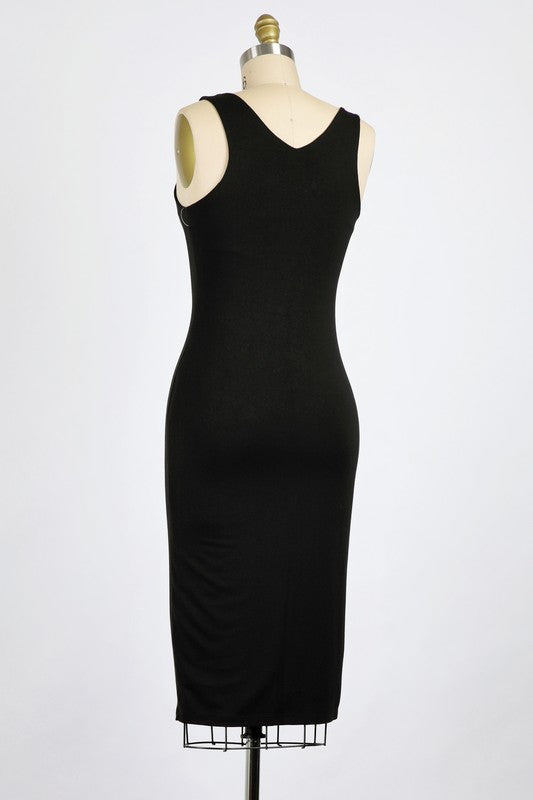 RAYON SPANDEX KNIT JERSEY | MID-LENGTH KNIT FITTED V-NECK SLEEVELESS DRESS | MADE IN USA