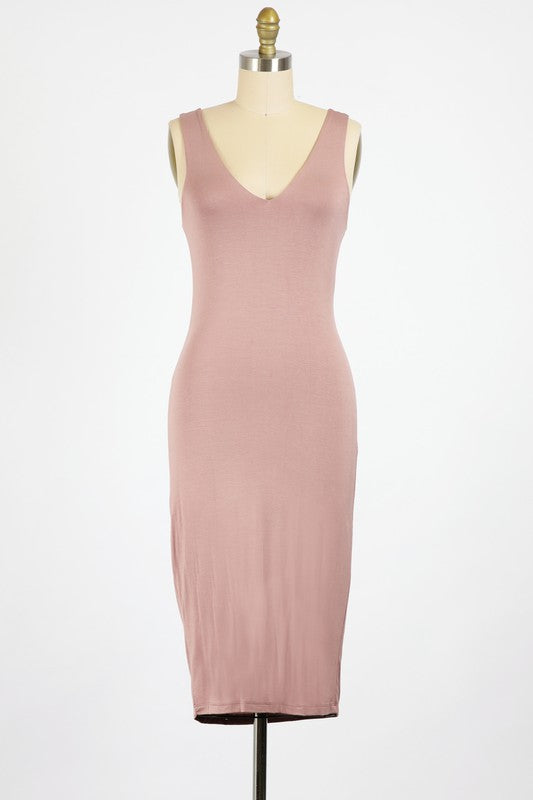 RAYON SPANDEX KNIT JERSEY | MID-LENGTH KNIT FITTED V-NECK SLEEVELESS DRESS | MADE IN USA
