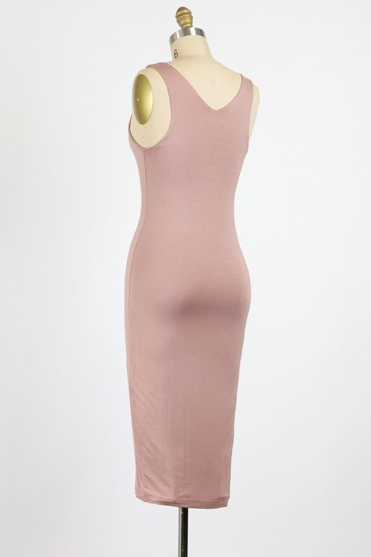 RAYON SPANDEX KNIT JERSEY | MID-LENGTH KNIT FITTED V-NECK SLEEVELESS DRESS | MADE IN USA