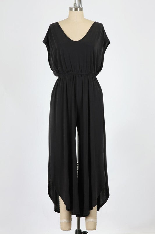 MODAL CUPRO KNIT JERSEY | JUMPSUIT WITH SURPLICE BACK AND TIE CLOSURE AND SIDE SLITS. | MADE IN USA