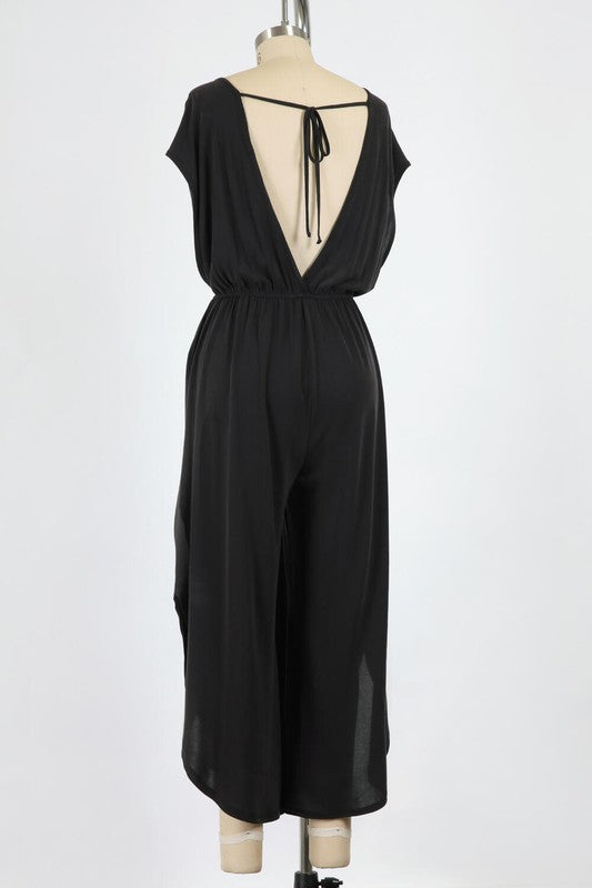 MODAL CUPRO KNIT JERSEY | JUMPSUIT WITH SURPLICE BACK AND TIE CLOSURE AND SIDE SLITS. | MADE IN USA