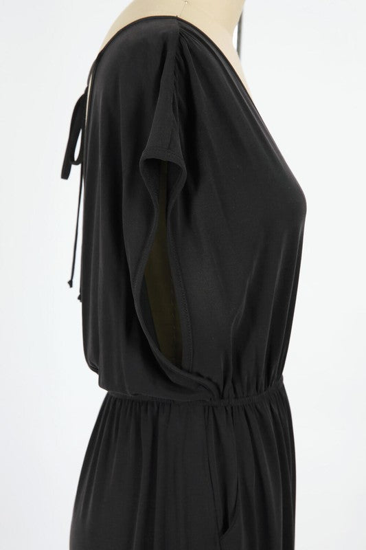 MODAL CUPRO KNIT JERSEY | JUMPSUIT WITH SURPLICE BACK AND TIE CLOSURE AND SIDE SLITS. | MADE IN USA
