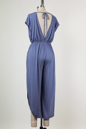 MODAL CUPRO KNIT JERSEY | JUMPSUIT WITH SURPLICE BACK AND TIE CLOSURE AND SIDE SLITS. | MADE IN USA