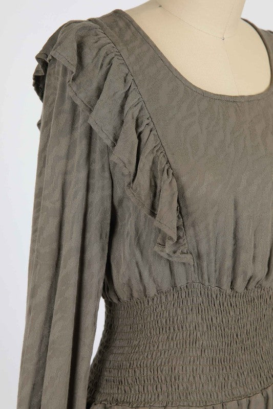 WASHED ZEBRA WOVEN JACQUARD |   RUFFLE TRIMMED MIDI DRESS WITH SMOCKED WAIST | MADE IN USA