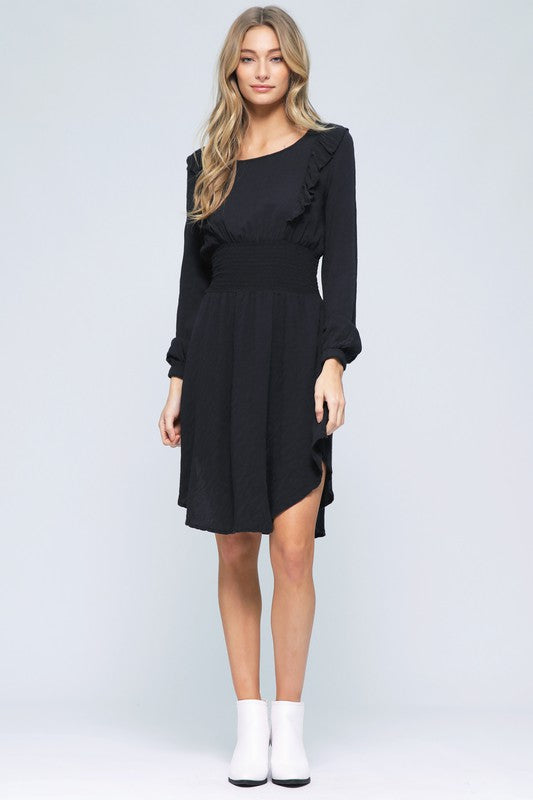 WASHED ZEBRA WOVEN JACQUARD |   RUFFLE TRIMMED MIDI DRESS WITH SMOCKED WAIST | MADE IN USA