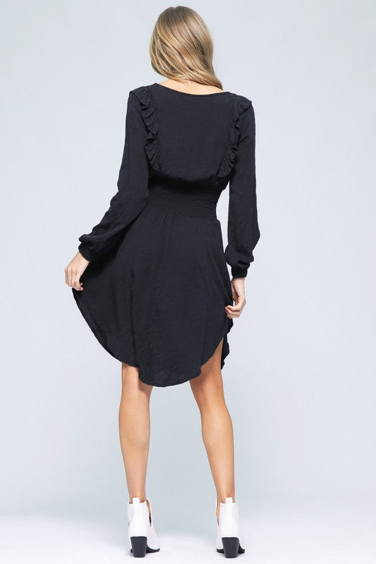 WASHED ZEBRA WOVEN JACQUARD |   RUFFLE TRIMMED MIDI DRESS WITH SMOCKED WAIST | MADE IN USA