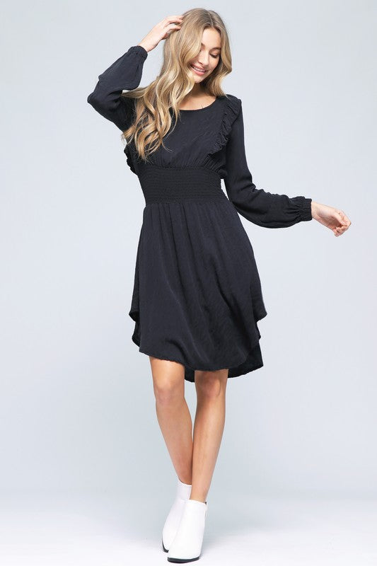 WASHED ZEBRA WOVEN JACQUARD |   RUFFLE TRIMMED MIDI DRESS WITH SMOCKED WAIST | MADE IN USA