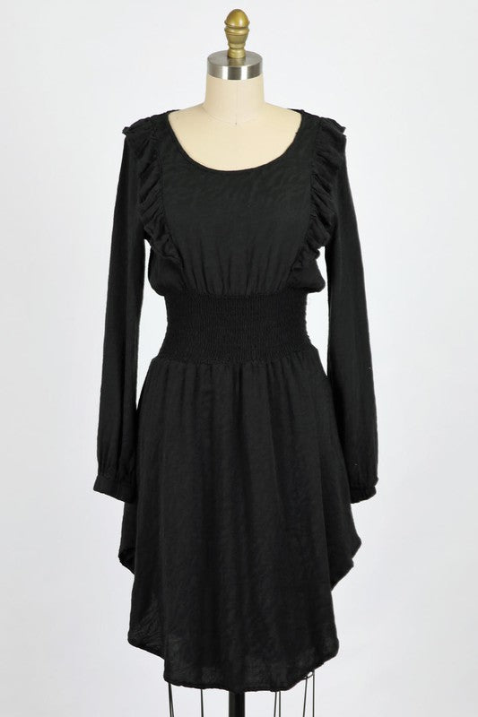 WASHED ZEBRA WOVEN JACQUARD |   RUFFLE TRIMMED MIDI DRESS WITH SMOCKED WAIST | MADE IN USA