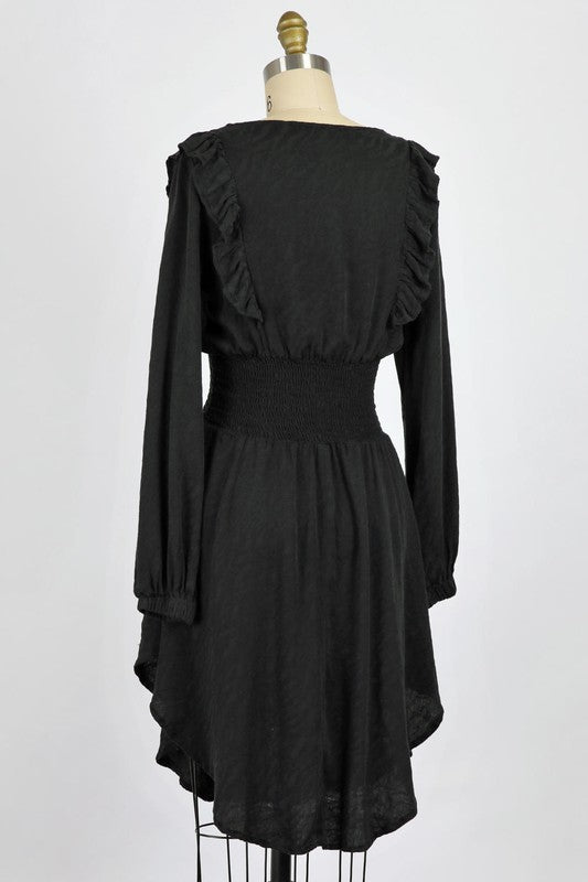WASHED ZEBRA WOVEN JACQUARD |   RUFFLE TRIMMED MIDI DRESS WITH SMOCKED WAIST | MADE IN USA