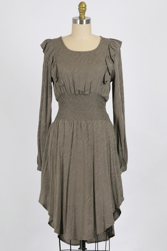 WASHED ZEBRA WOVEN JACQUARD |   RUFFLE TRIMMED MIDI DRESS WITH SMOCKED WAIST | MADE IN USA