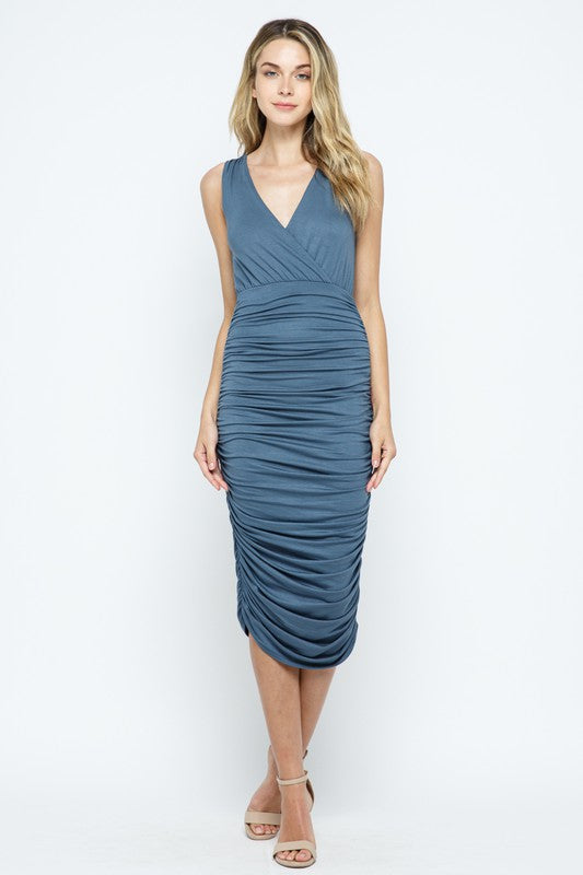 RAYON SPANDEX KNIT JERSEY | RUCHED SLEEVELESS SURPLICE MIDI DRESS | MADE IN USA