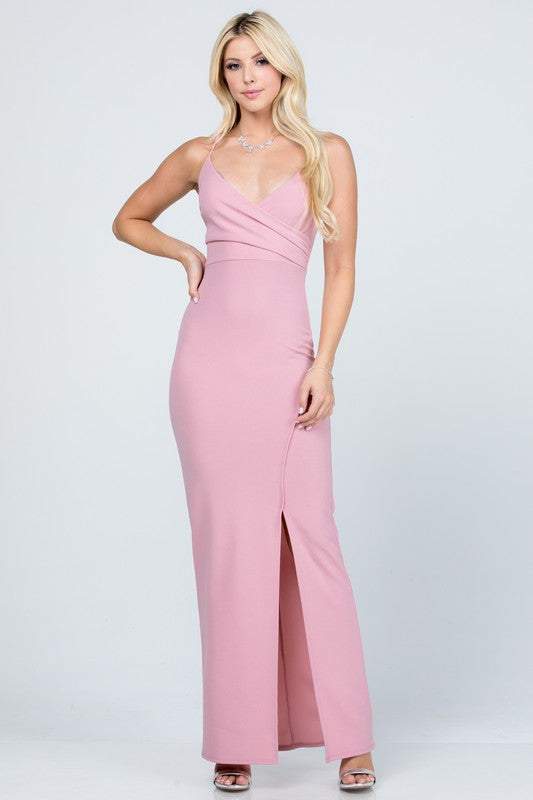 SCUBA CREPE KNIT SPANDEX | RUCHED SIDE CROSS BACK SPAGHETTI STRAP DRESS | MADE IN USA