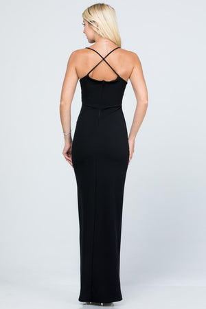 SCUBA CREPE KNIT SPANDEX | RUCHED SIDE CROSS BACK SPAGHETTI STRAP DRESS | MADE IN USA