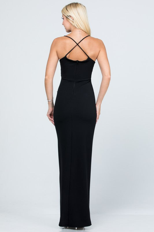 SCUBA CREPE KNIT SPANDEX | RUCHED SIDE CROSS BACK SPAGHETTI STRAP DRESS | MADE IN USA