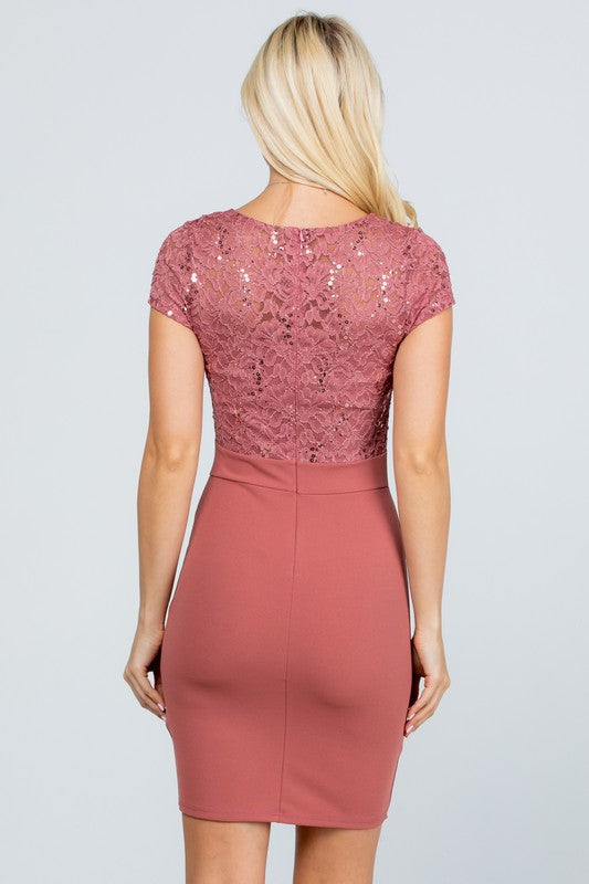 SCUBA CREPE KNIT SPANDEX | SHORT SLEEVE  SEQUIN LACE REMI FIT AND FLARE DRESS | MADE IN USA