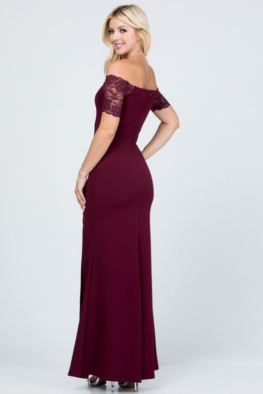 CREPE SCUBA KNIT SPANDEX | OFF SHOULDER LACE DETAILED MERMAID DRESS| MADE IN USA