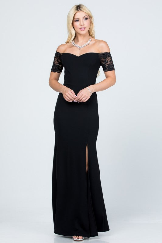 CREPE SCUBA KNIT SPANDEX | OFF SHOULDER LACE DETAILED MERMAID DRESS| MADE IN USA
