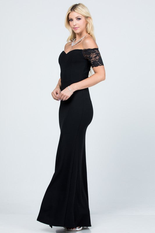 CREPE SCUBA KNIT SPANDEX | OFF SHOULDER LACE DETAILED MERMAID DRESS| MADE IN USA