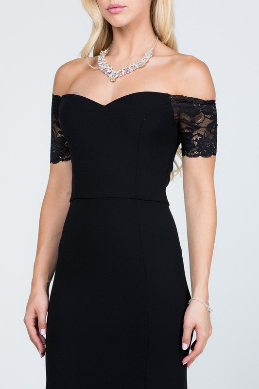 CREPE SCUBA KNIT SPANDEX | OFF SHOULDER LACE DETAILED MERMAID DRESS| MADE IN USA