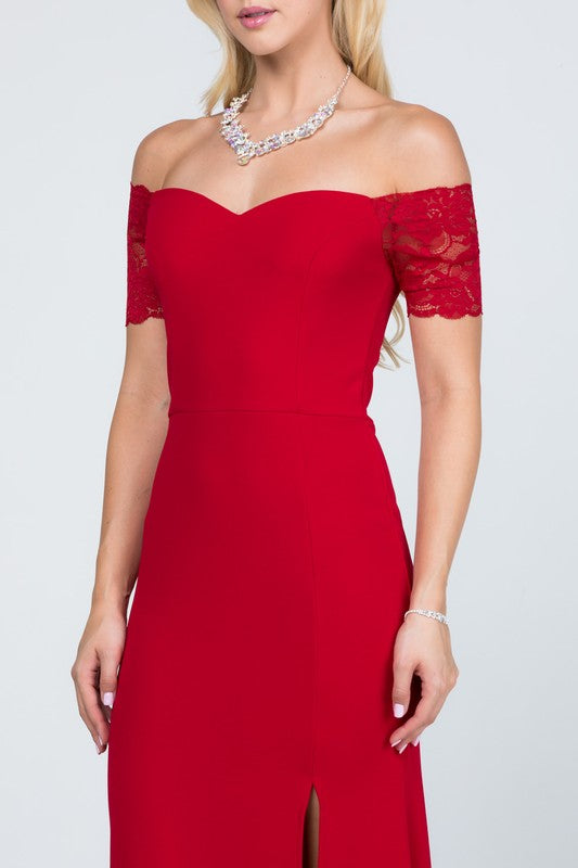 CREPE SCUBA KNIT SPANDEX | OFF SHOULDER LACE DETAILED MERMAID DRESS| MADE IN USA