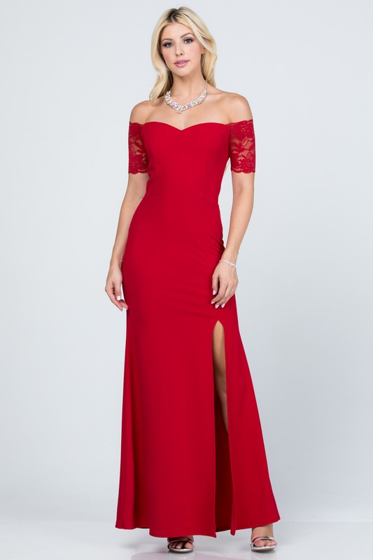 CREPE SCUBA KNIT SPANDEX | OFF SHOULDER LACE DETAILED MERMAID DRESS| MADE IN USA