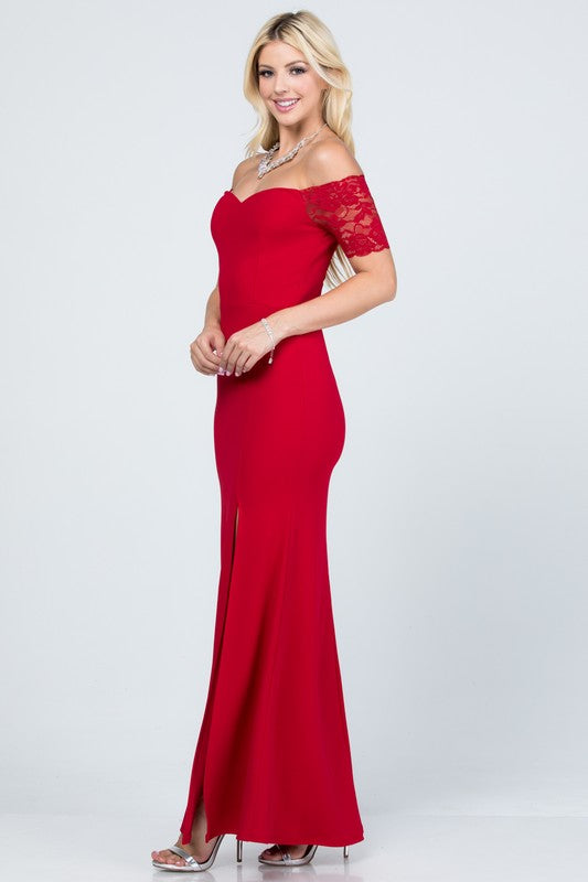 CREPE SCUBA KNIT SPANDEX | OFF SHOULDER LACE DETAILED MERMAID DRESS| MADE IN USA