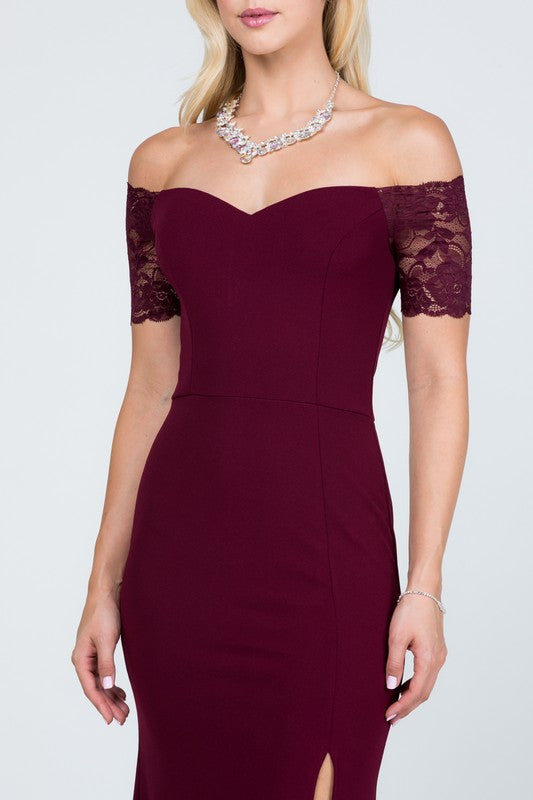 CREPE SCUBA KNIT SPANDEX | OFF SHOULDER LACE DETAILED MERMAID DRESS| MADE IN USA