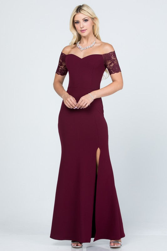 CREPE SCUBA KNIT SPANDEX | OFF SHOULDER LACE DETAILED MERMAID DRESS| MADE IN USA