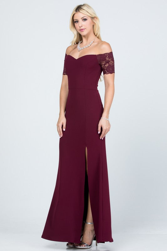 CREPE SCUBA KNIT SPANDEX | OFF SHOULDER LACE DETAILED MERMAID DRESS| MADE IN USA
