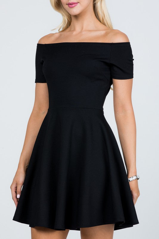 NYLON PONTE KNIT SPANDEX | OFF THE SHOULDER SHORT SLEEVE SKATER DRESS | MADE IN USA