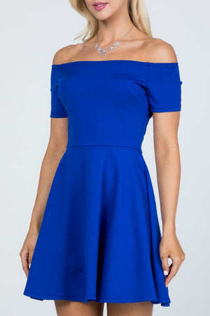 NYLON PONTE KNIT SPANDEX | OFF THE SHOULDER SHORT SLEEVE SKATER DRESS | MADE IN USA