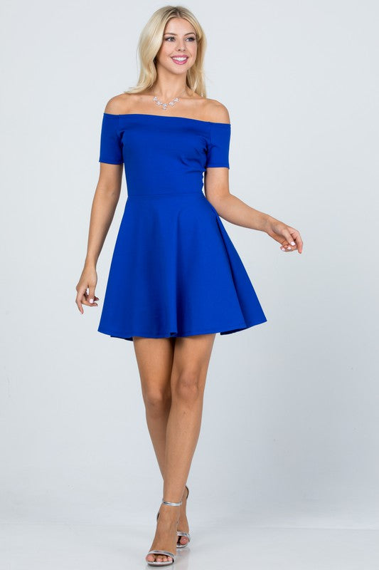 NYLON PONTE KNIT SPANDEX | OFF THE SHOULDER SHORT SLEEVE SKATER DRESS | MADE IN USA