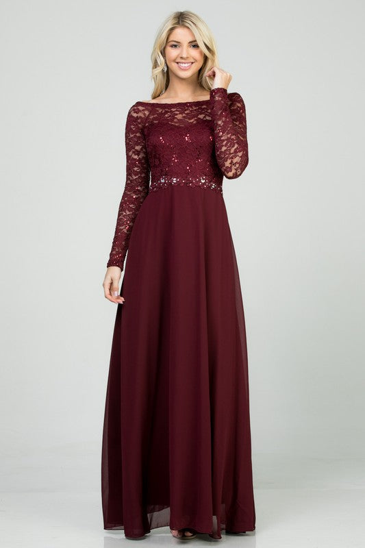 SEQUIN KNIT LACE AND CIFFON WOVEN | LONG SLEEVE MAXI GOWN DRESS | MADE IN USA