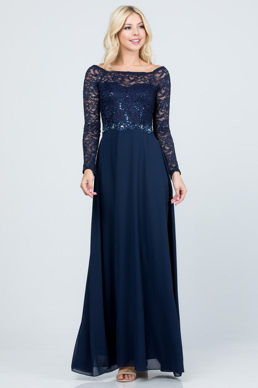 SEQUIN KNIT LACE AND CIFFON WOVEN | LONG SLEEVE MAXI GOWN DRESS | MADE IN USA