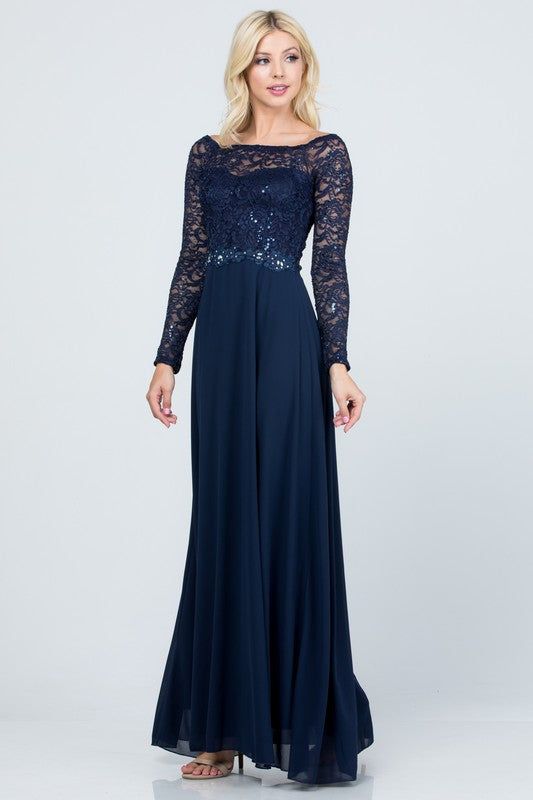 SEQUIN KNIT LACE AND CIFFON WOVEN | LONG SLEEVE MAXI GOWN DRESS | MADE IN USA