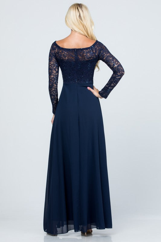 SEQUIN KNIT LACE AND CIFFON WOVEN | LONG SLEEVE MAXI GOWN DRESS | MADE IN USA