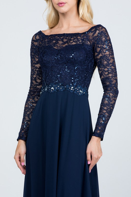 SEQUIN KNIT LACE AND CIFFON WOVEN | LONG SLEEVE MAXI GOWN DRESS | MADE IN USA