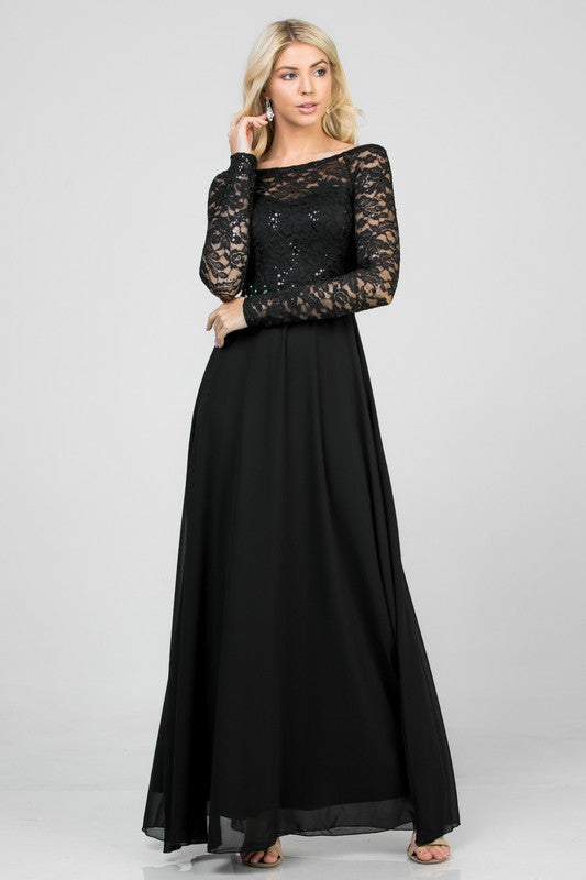 SEQUIN KNIT LACE AND CIFFON WOVEN | LONG SLEEVE MAXI GOWN DRESS | MADE IN USA