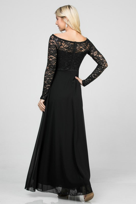 SEQUIN KNIT LACE AND CIFFON WOVEN | LONG SLEEVE MAXI GOWN DRESS | MADE IN USA