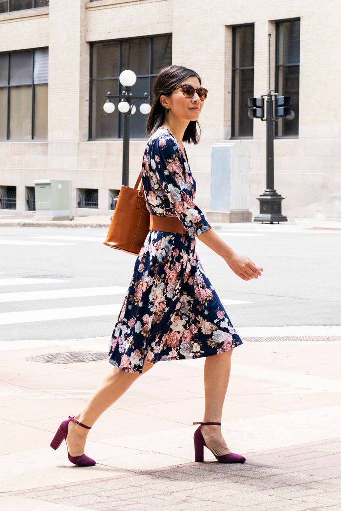 LYNSEY NAVY ROSE PRINT ON VENECIA SPANDEX l 3/4 SLEEVE SURPLICE EMPIRE WAIST DRESS | MADE IN USA