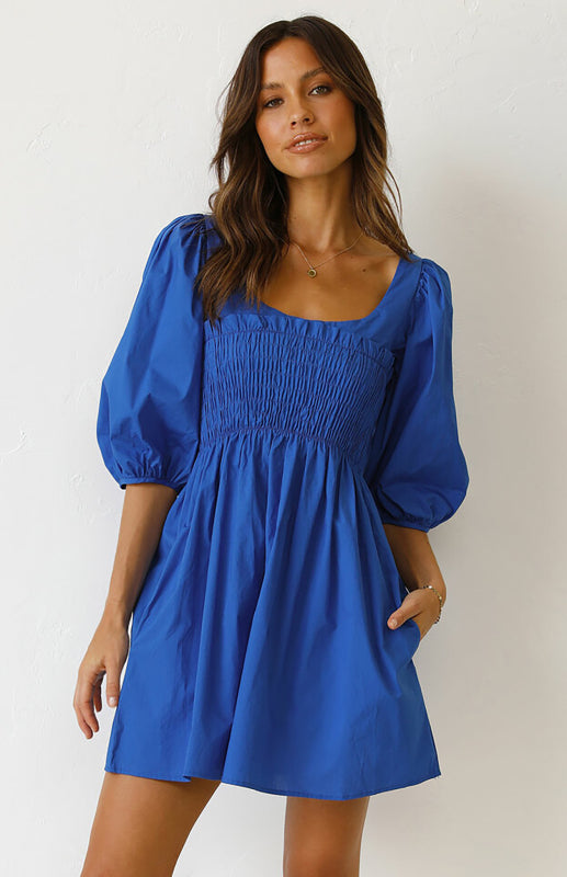 Women's Lantern Sleeve Solid Color Dress