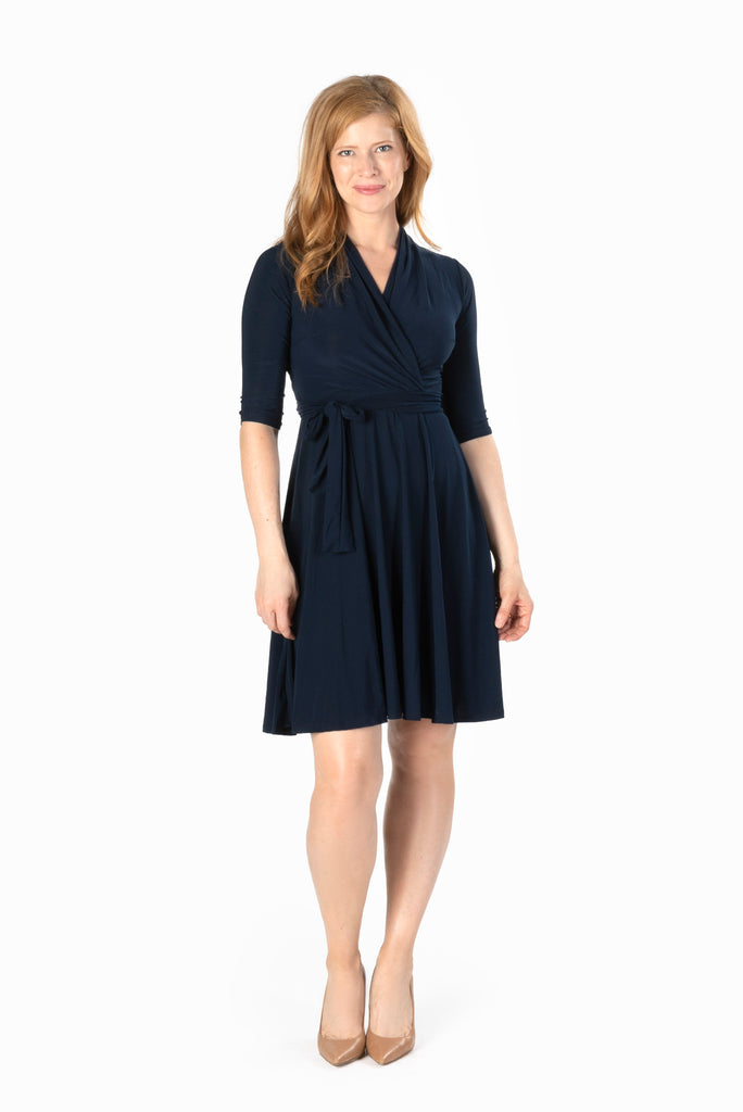 ITY SPANDEX KNIT WRINKLE-FREE | ELBOW SLEEVE FAUX WRAP DRESS | MADE IN USA