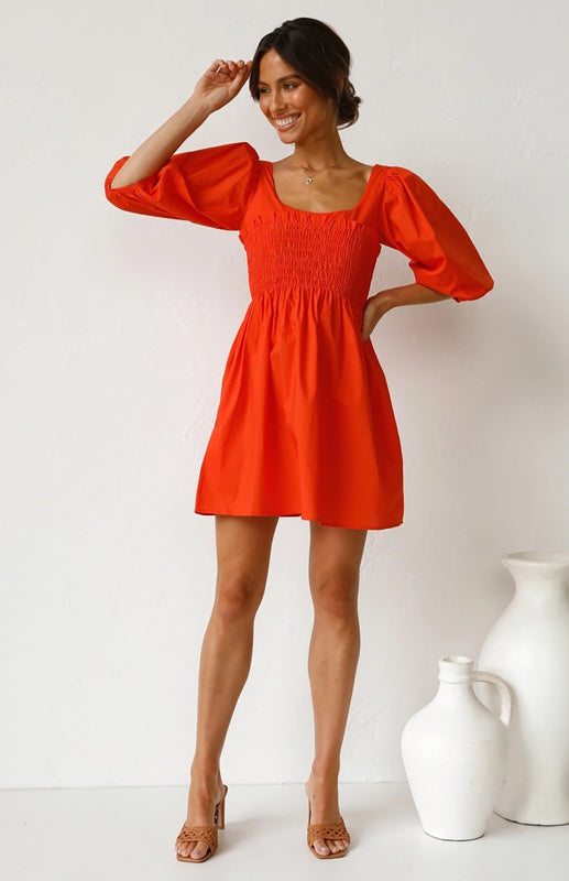 Women's Lantern Sleeve Solid Color Dress