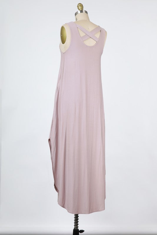 RAYON MODAL KNIT JERSEY | TANK MAXI DRESS WITH CROSS BACK DETAIL AND ON-SEAM POCKETS | MADE IN USA * PRE-ORDER FOR 5/20/21