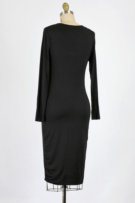 RAYON KNIT JERSEY | LONG SLEEVE DOUBLE LAYER V NECK DRESS | MADE IN USA