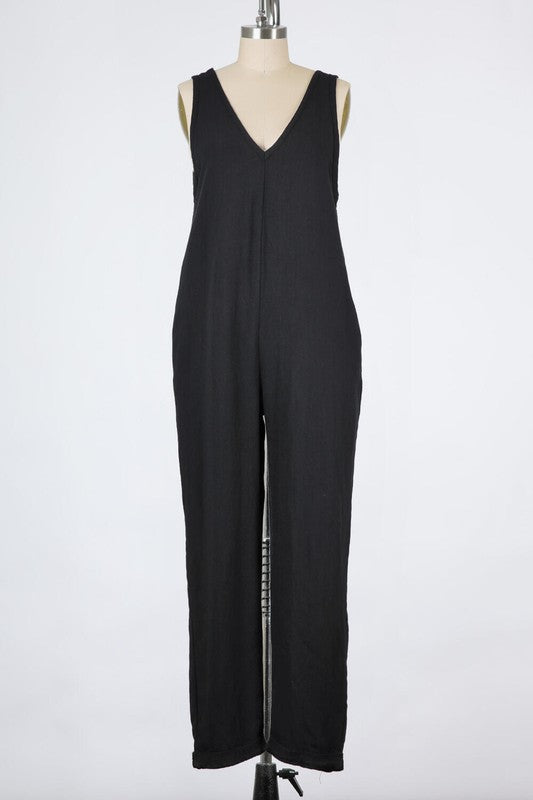 WASHED RAYON SLUB WOVEN |   SLEEVELESS JUMPSUIT WITH V-NECK AND CUFFED HEM | MADE IN USA