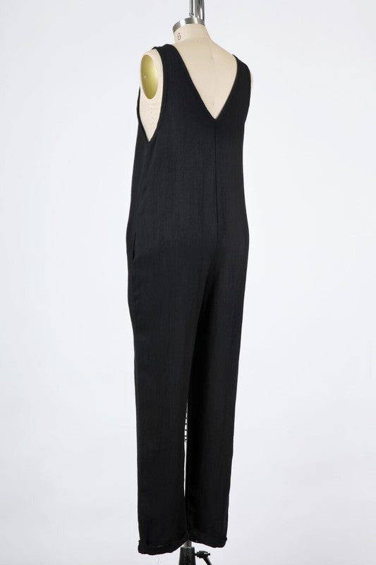 WASHED RAYON SLUB WOVEN |   SLEEVELESS JUMPSUIT WITH V-NECK AND CUFFED HEM | MADE IN USA